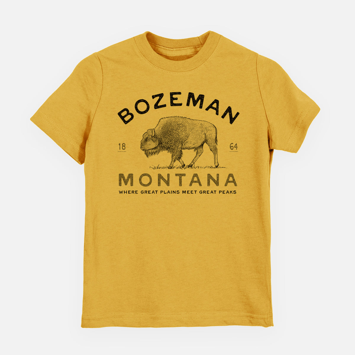 Honeycomb yellow youth t-shirt laid flat, printed with a black ink bison with the words Bozeman Montana, 1864, Where Great Plains Meet Great Peaks.