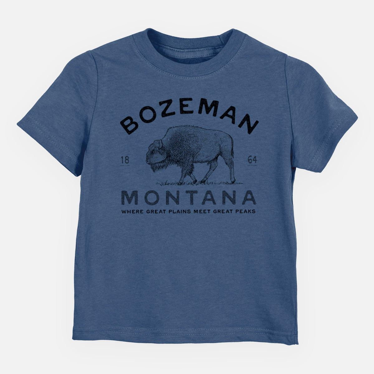 Indigo blue toddler t-shirt laid flat, printed with a black ink bison with the words Bozeman Montana, 1864, Where Great Plains Meet Great Peaks.