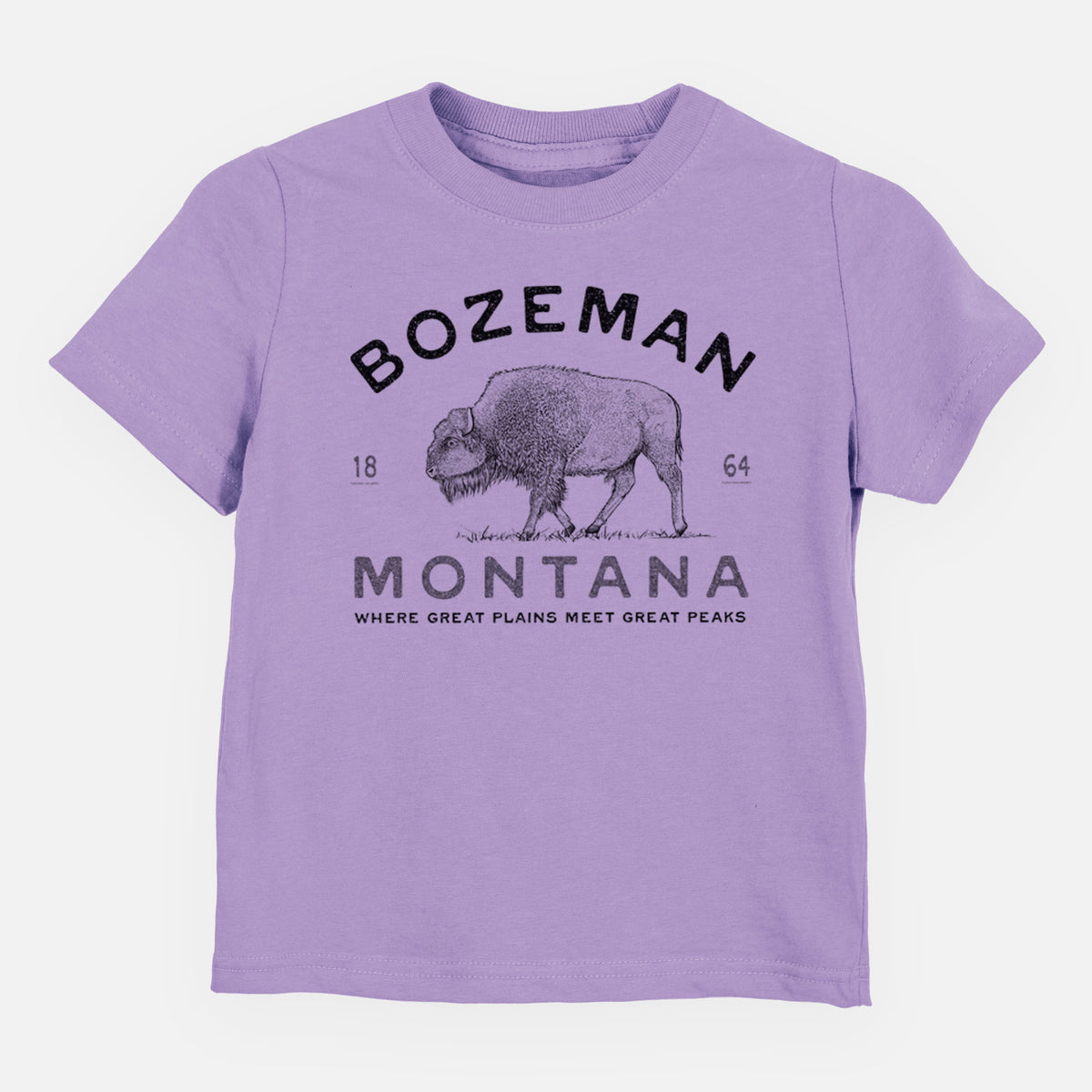 Lavender toddler t-shirt laid flat, printed with a black ink bison with the words Bozeman Montana, 1864, Where Great Plains Meet Great Peaks.
