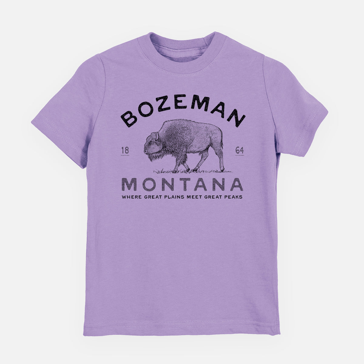 Lavender youth t-shirt laid flat, printed with a black ink bison with the words Bozeman Montana, 1864, Where Great Plains Meet Great Peaks.