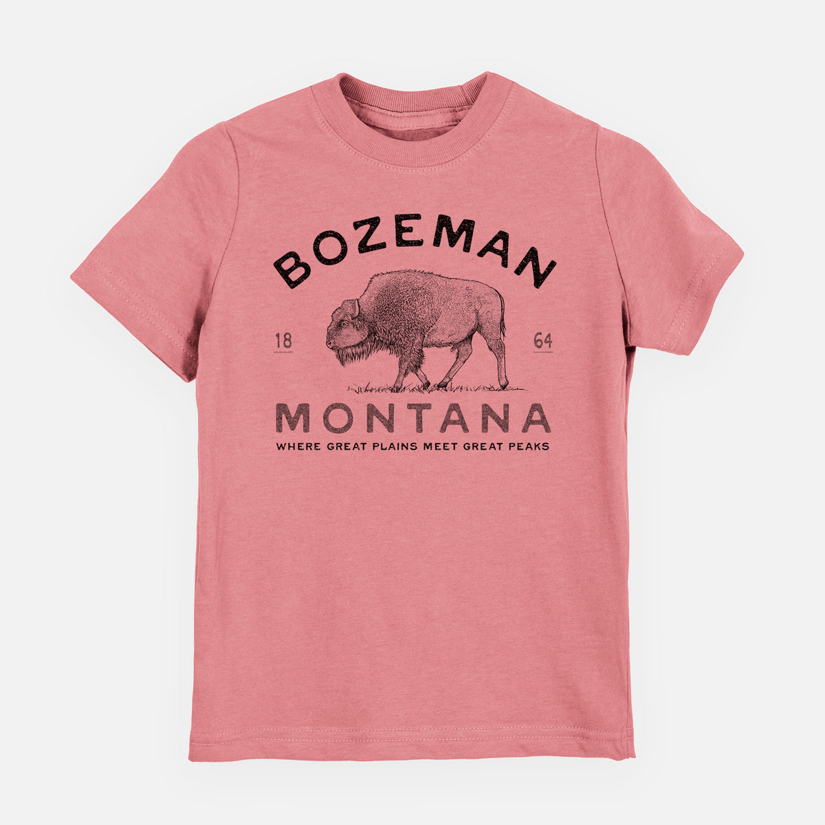 Mauve pink youth t-shirt laid flat, printed with a black ink bison with the words Bozeman Montana, 1864, Where Great Plains Meet Great Peaks.
