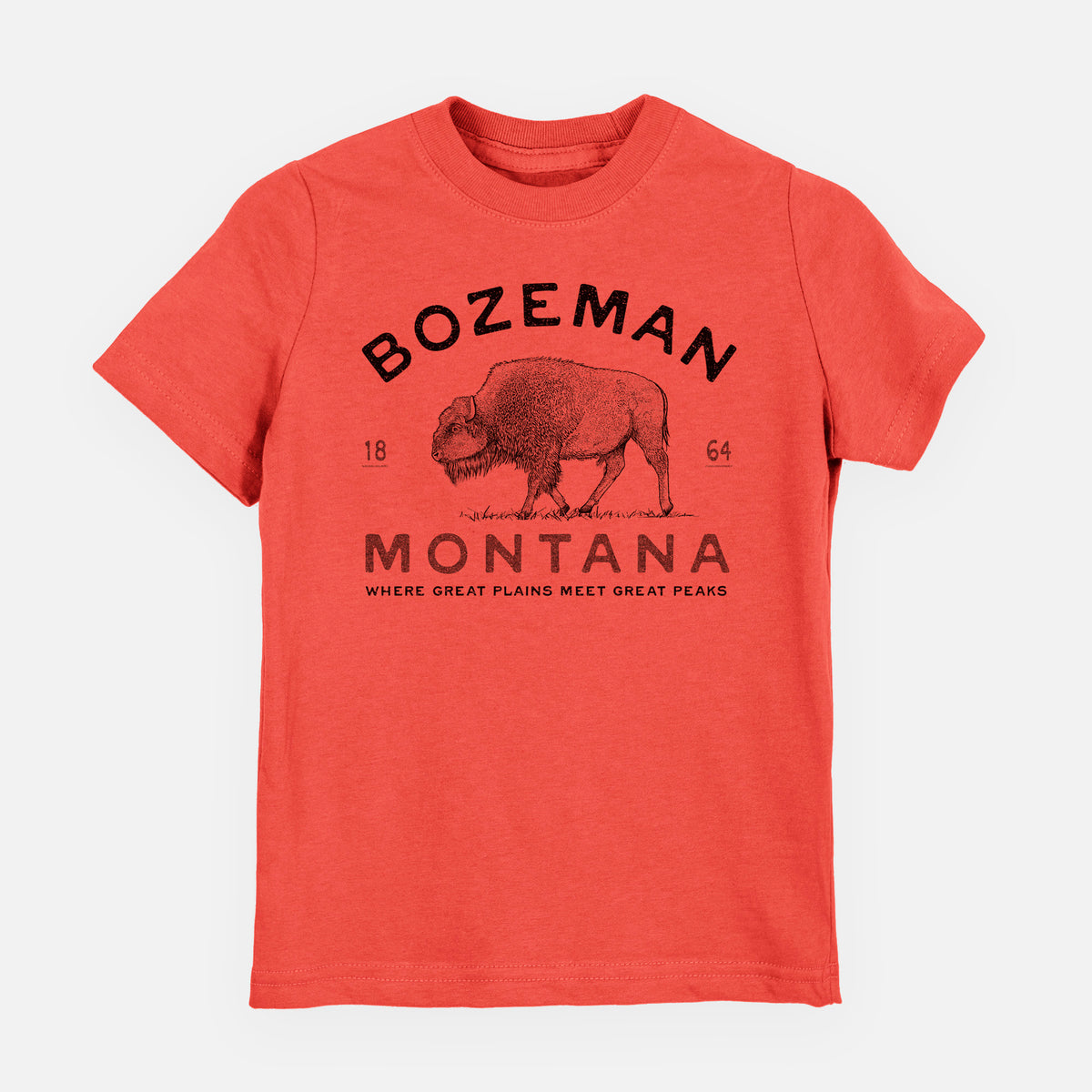 Passionfruit pink youth t-shirt laid flat, printed with a black ink bison with the words Bozeman Montana, 1864, Where Great Plains Meet Great Peaks.