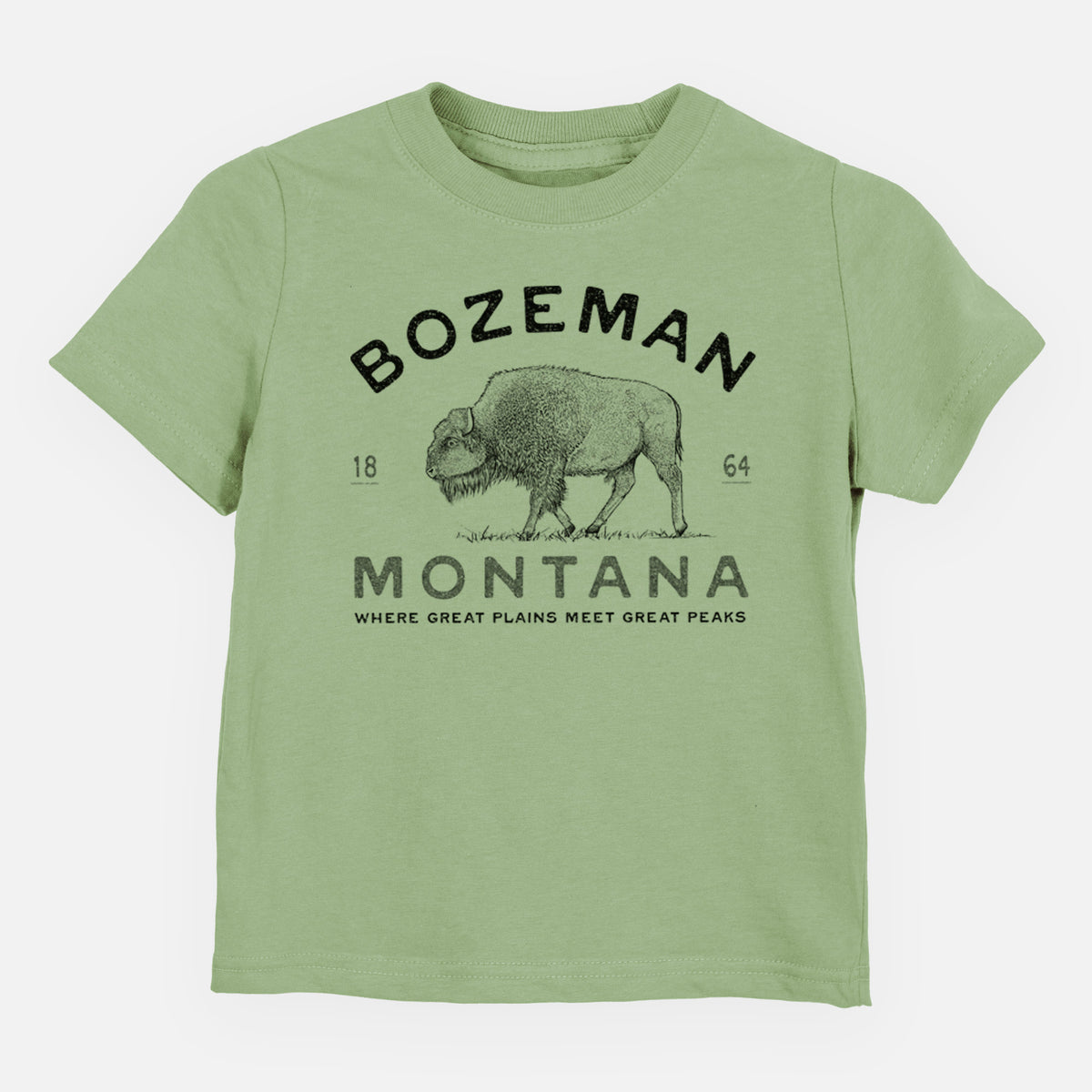 Sage green toddler t-shirt laid flat, printed with a black ink bison with the words Bozeman Montana, 1864, Where Great Plains Meet Great Peaks.