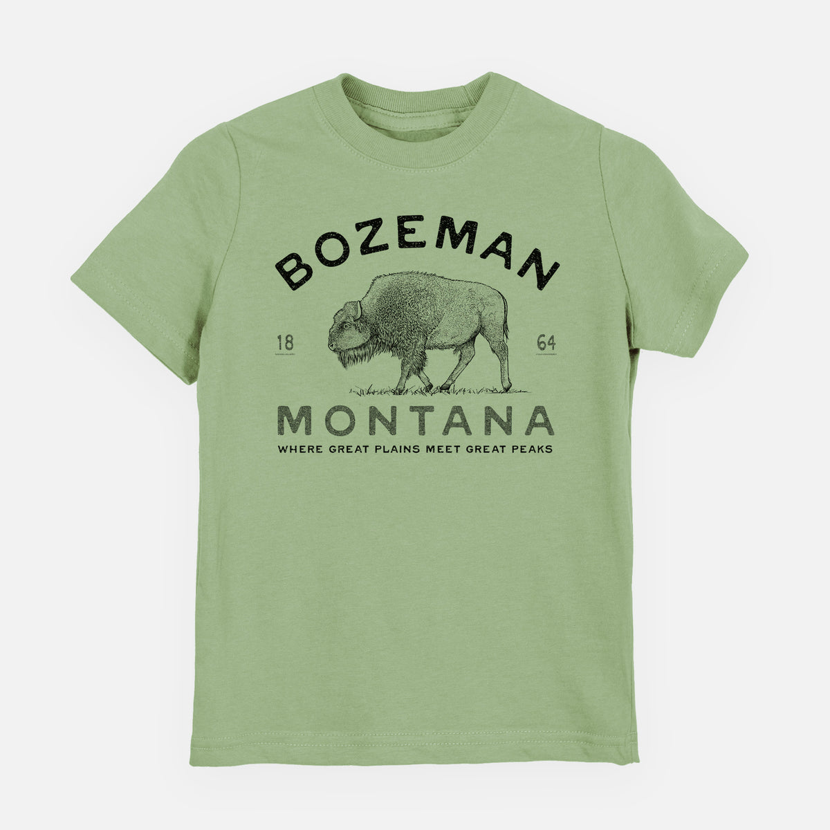 Sage green youth t-shirt laid flat, printed with a black ink bison with the words Bozeman Montana, 1864, Where Great Plains Meet Great Peaks.