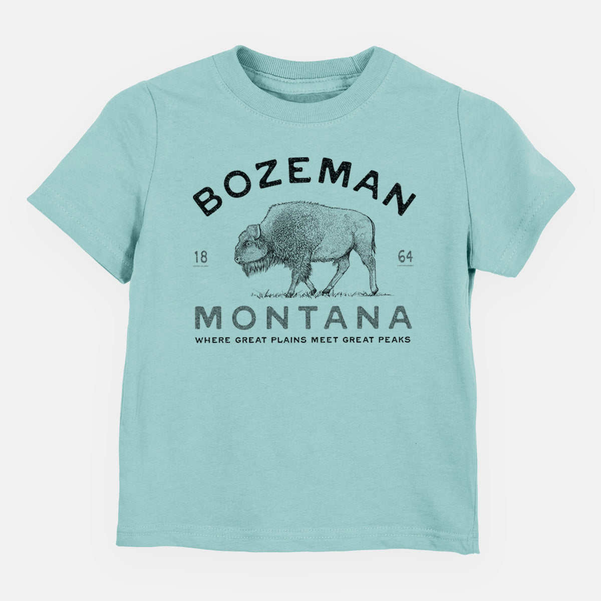 Saltwater toddler t-shirt laid flat, printed with a black ink bison with the words Bozeman Montana, 1864, Where Great Plains Meet Great Peaks.