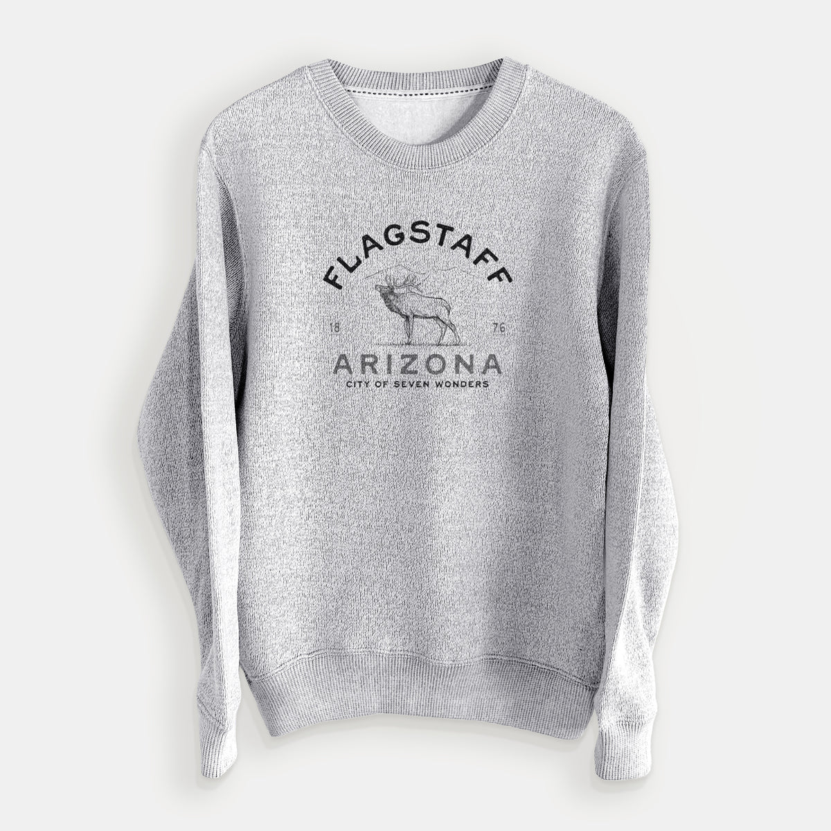 Salt and pepper knit sweatshirt laid flat, printed with a black ink elk with the words Flagstaff Arizona, City of Seven Wonders.