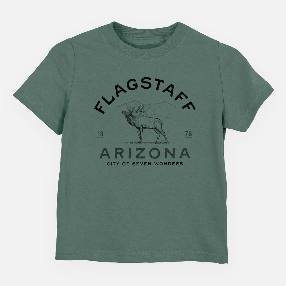Basil green toddler t-shirt laid flat, printed with a black ink elk with the words Flagstaff Arizona, City of Seven Wonders.