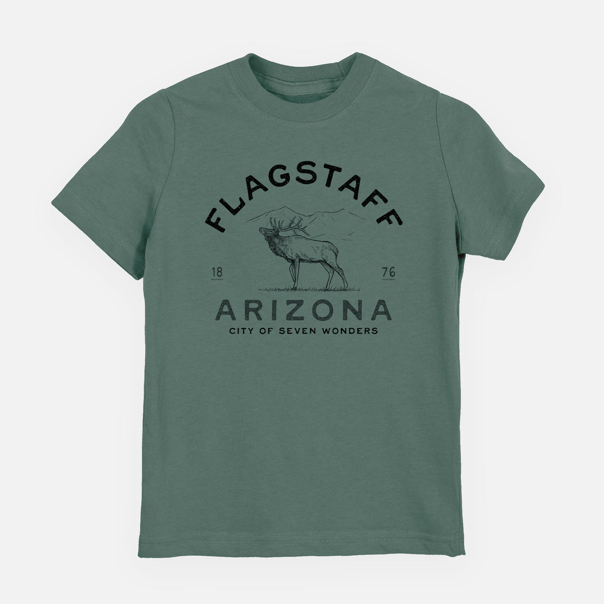 Basil green youth t-shirt laid flat, printed with a black ink elk with the words Flagstaff Arizona, City of Seven Wonders.