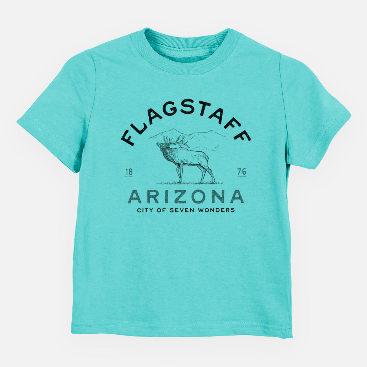 Caribbean blue toddler t-shirt laid flat, printed with a black ink elk with the words Flagstaff Arizona, City of Seven Wonders.