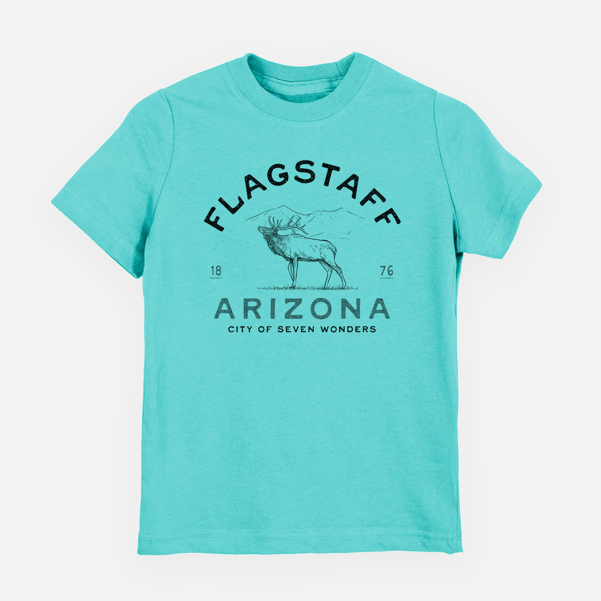 Caribbean blue youth t-shirt laid flat, printed with a black ink elk with the words Flagstaff Arizona, City of Seven Wonders.