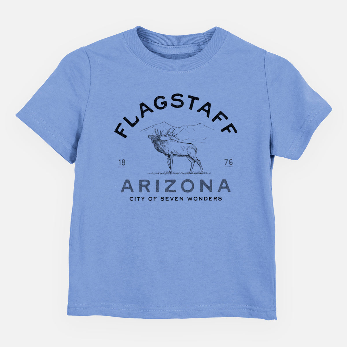 Carolina blue toddler t-shirt laid flat, printed with a black ink elk with the words Flagstaff Arizona, City of Seven Wonders.