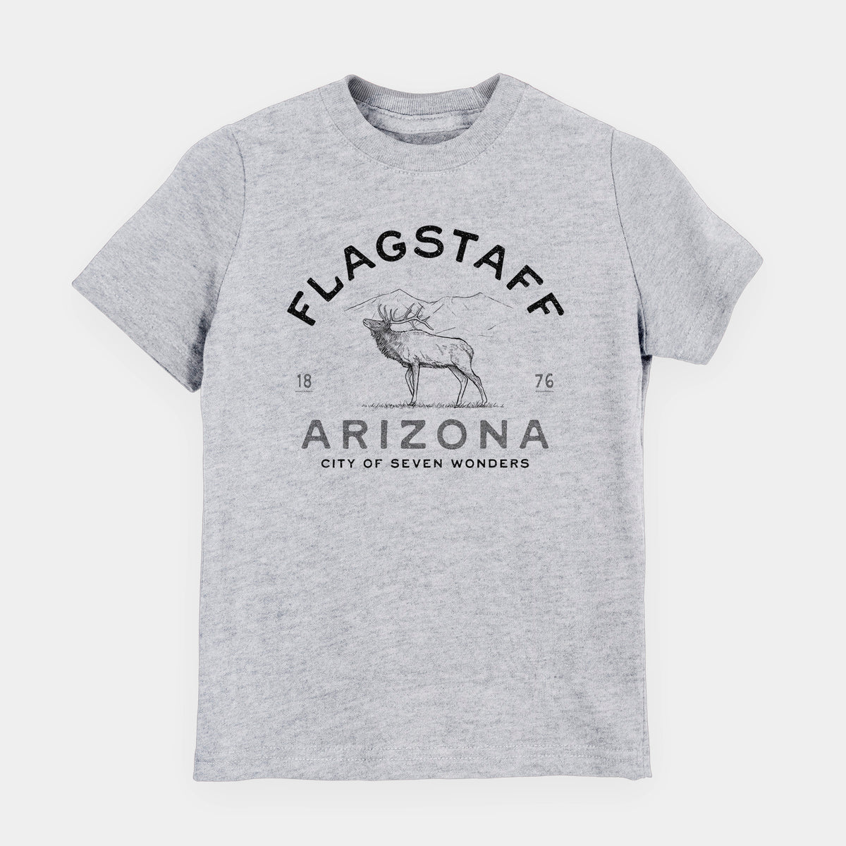 Heather grey youth t-shirt laid flat, printed with a black ink elk with the words Flagstaff Arizona, City of Seven Wonders.