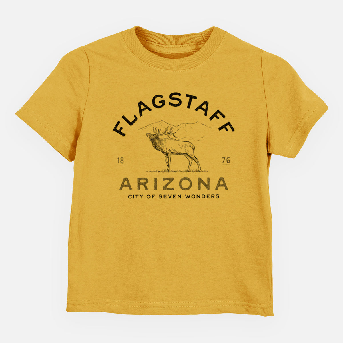 Honeycomb yellow toddler t-shirt laid flat, printed with a black ink elk with the words Flagstaff Arizona, City of Seven Wonders.