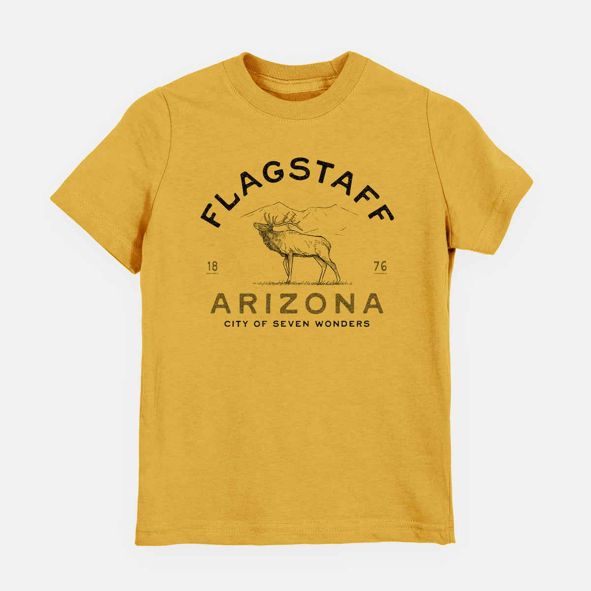 Honeycomb yellow youth t-shirt laid flat, printed with a black ink elk with the words Flagstaff Arizona, City of Seven Wonders.