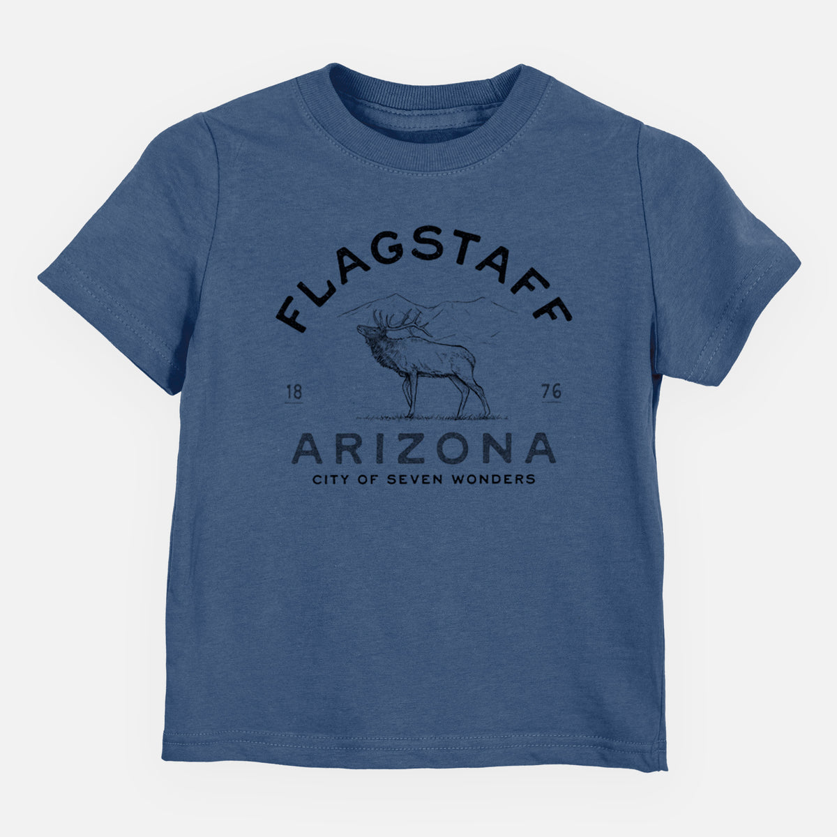 Indigo blue toddler t-shirt laid flat, printed with a black ink elk with the words Flagstaff Arizona, City of Seven Wonders.
