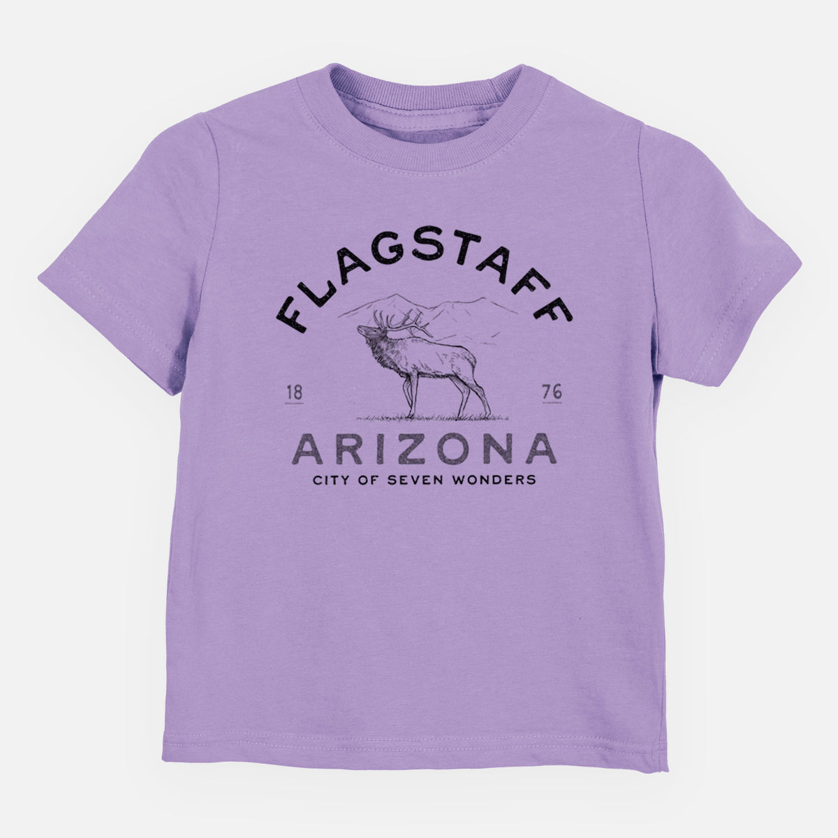 Lavender toddler t-shirt laid flat, printed with a black ink elk with the words Flagstaff Arizona, City of Seven Wonders.
