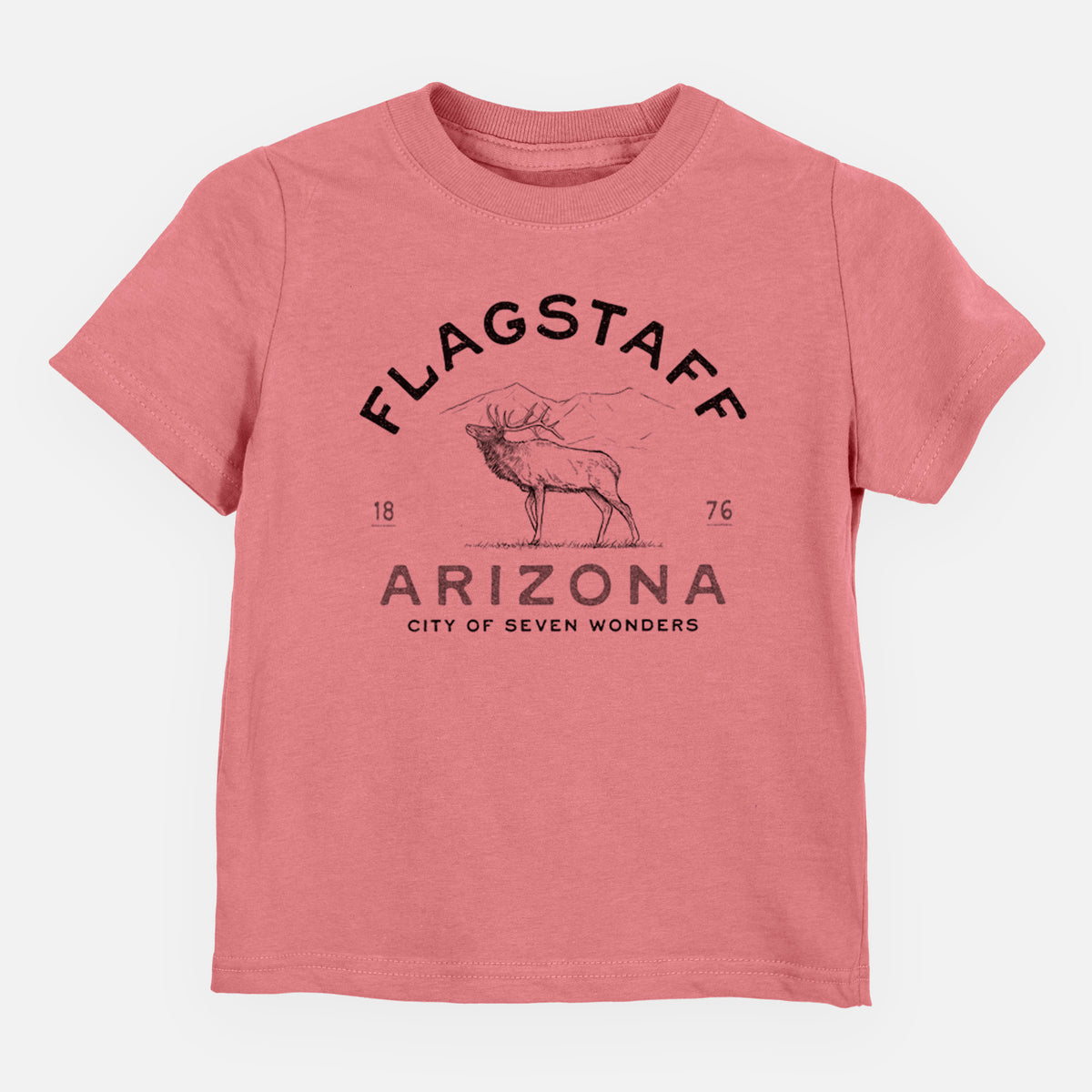 Mauve pink toddler t-shirt laid flat, printed with a black ink elk with the words Flagstaff Arizona, City of Seven Wonders.