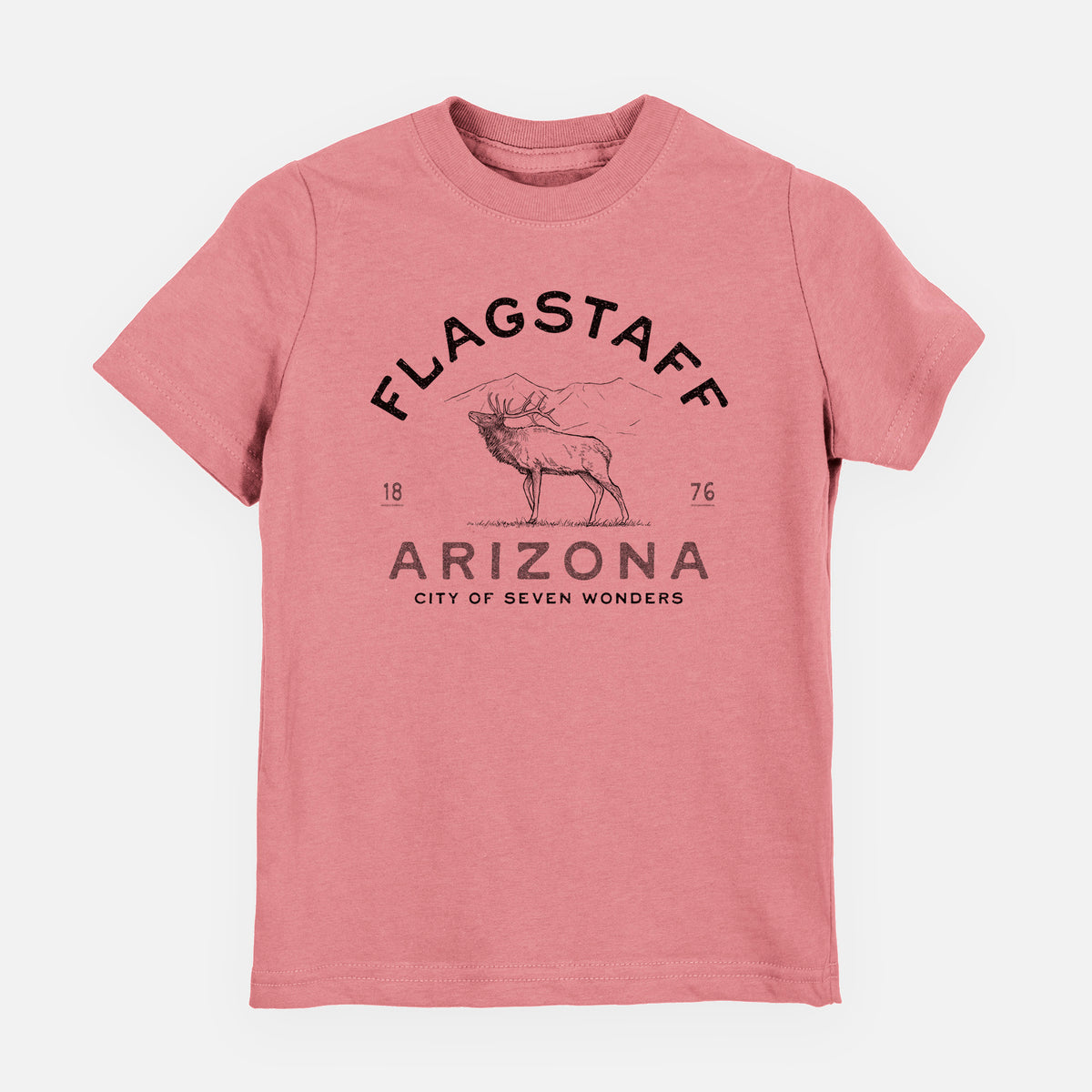 Mauve pink youth t-shirt laid flat, printed with a black ink elk with the words Flagstaff Arizona, City of Seven Wonders.