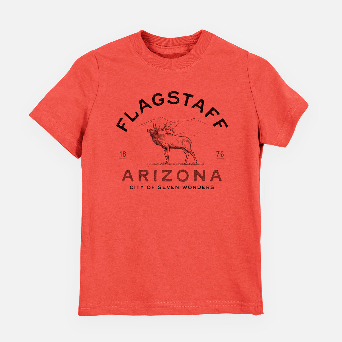 Passionfruit pink youth t-shirt laid flat, printed with a black ink elk with the words Flagstaff Arizona, City of Seven Wonders.