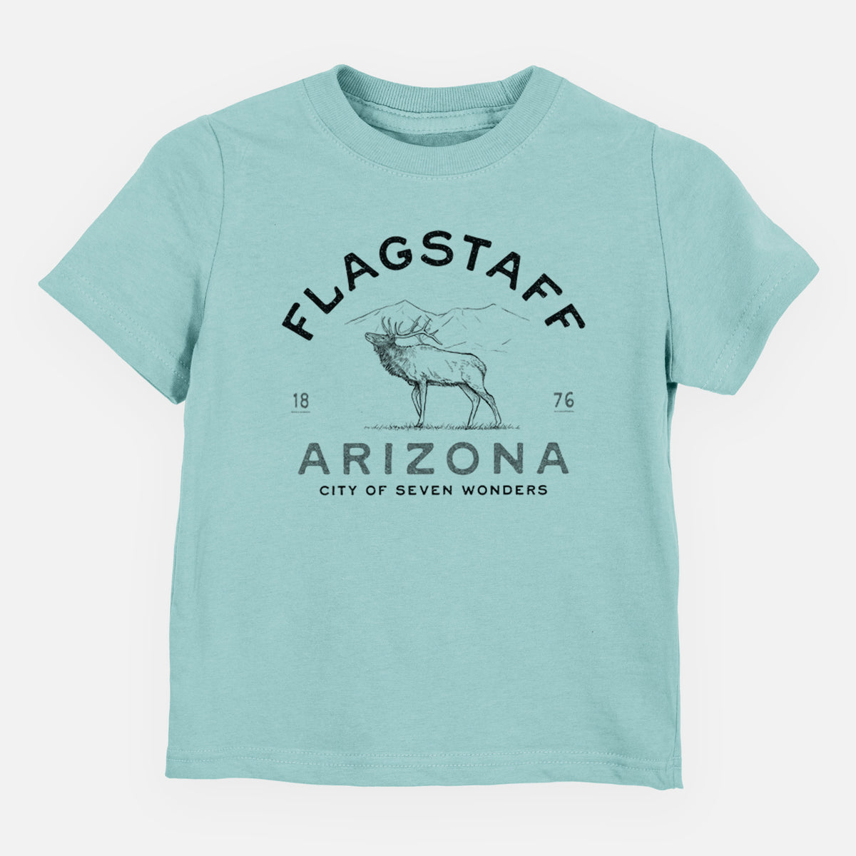 Saltwater toddler t-shirt laid flat, printed with a black ink elk with the words Flagstaff Arizona, City of Seven Wonders.