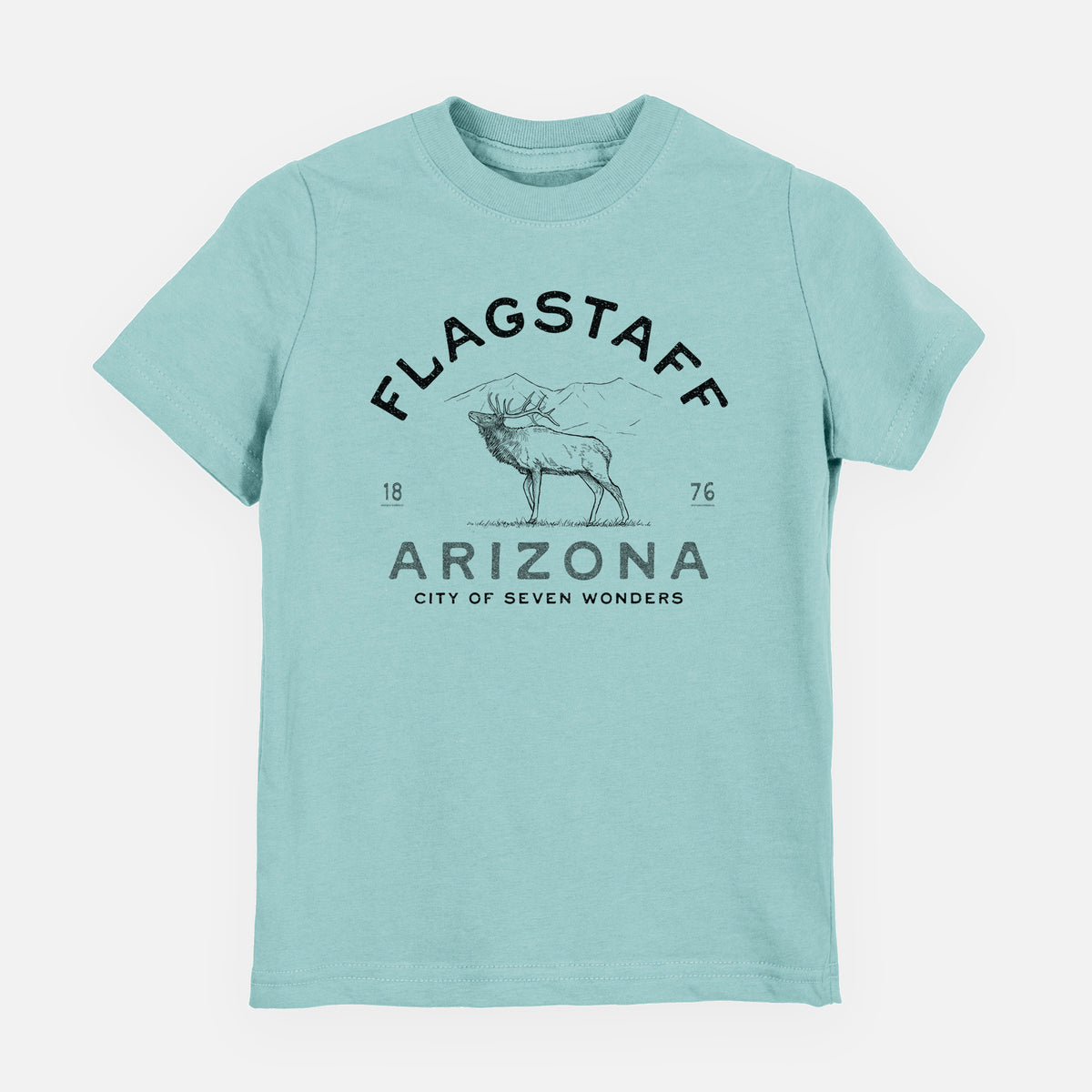 Saltwater youth t-shirt laid flat, printed with a black ink elk with the words Flagstaff Arizona, City of Seven Wonders.
