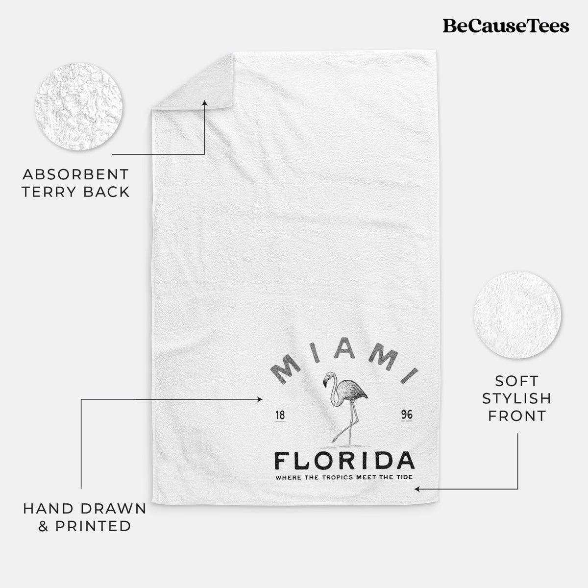 White hand towel printed with a black ink flamingo with the words Miami Florida, 1896, Where the Tropics Meet the Tide.