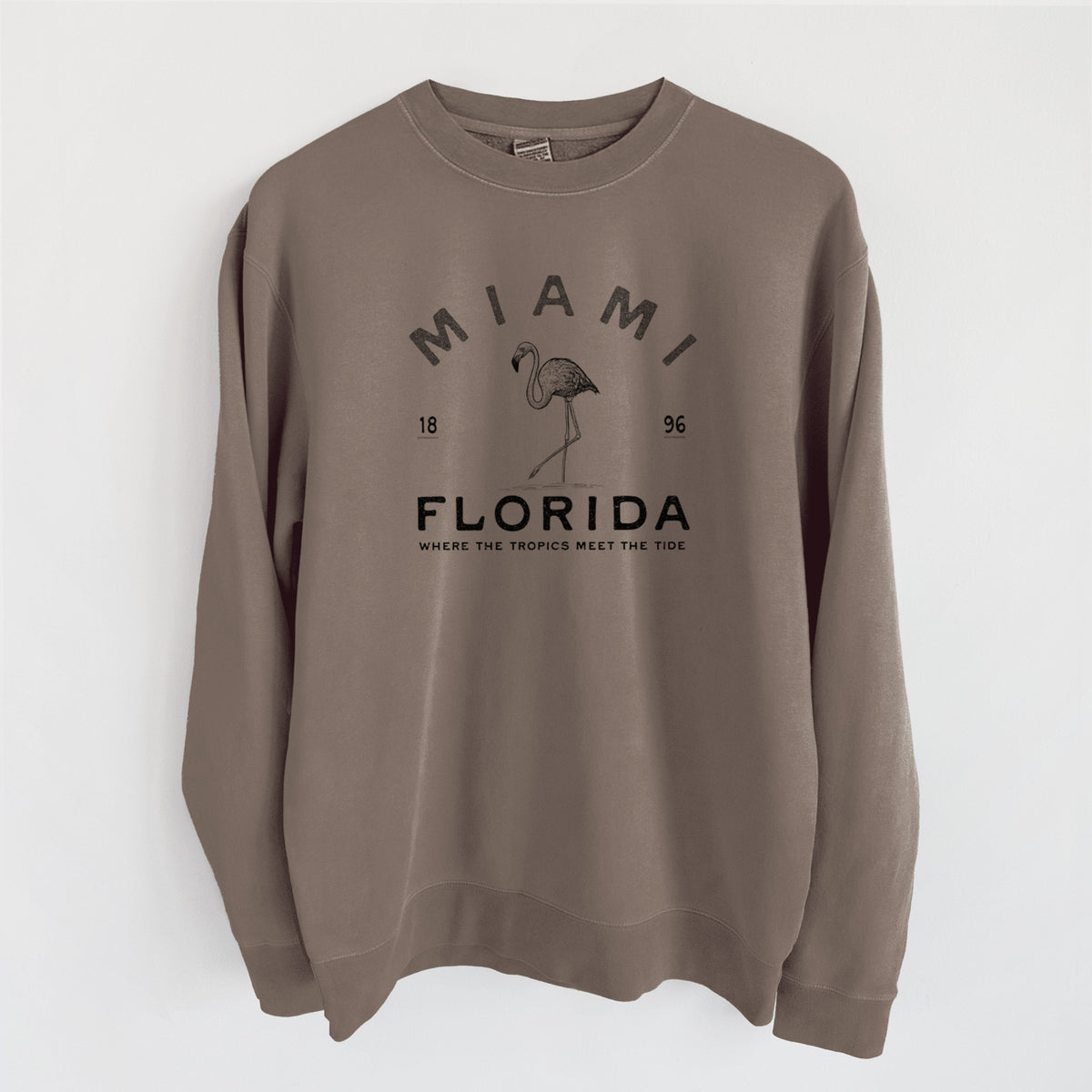 Miami Florisa Flamingo - Unisex Pigment Dyed Crew Sweatshirt in Espresso Brown Color