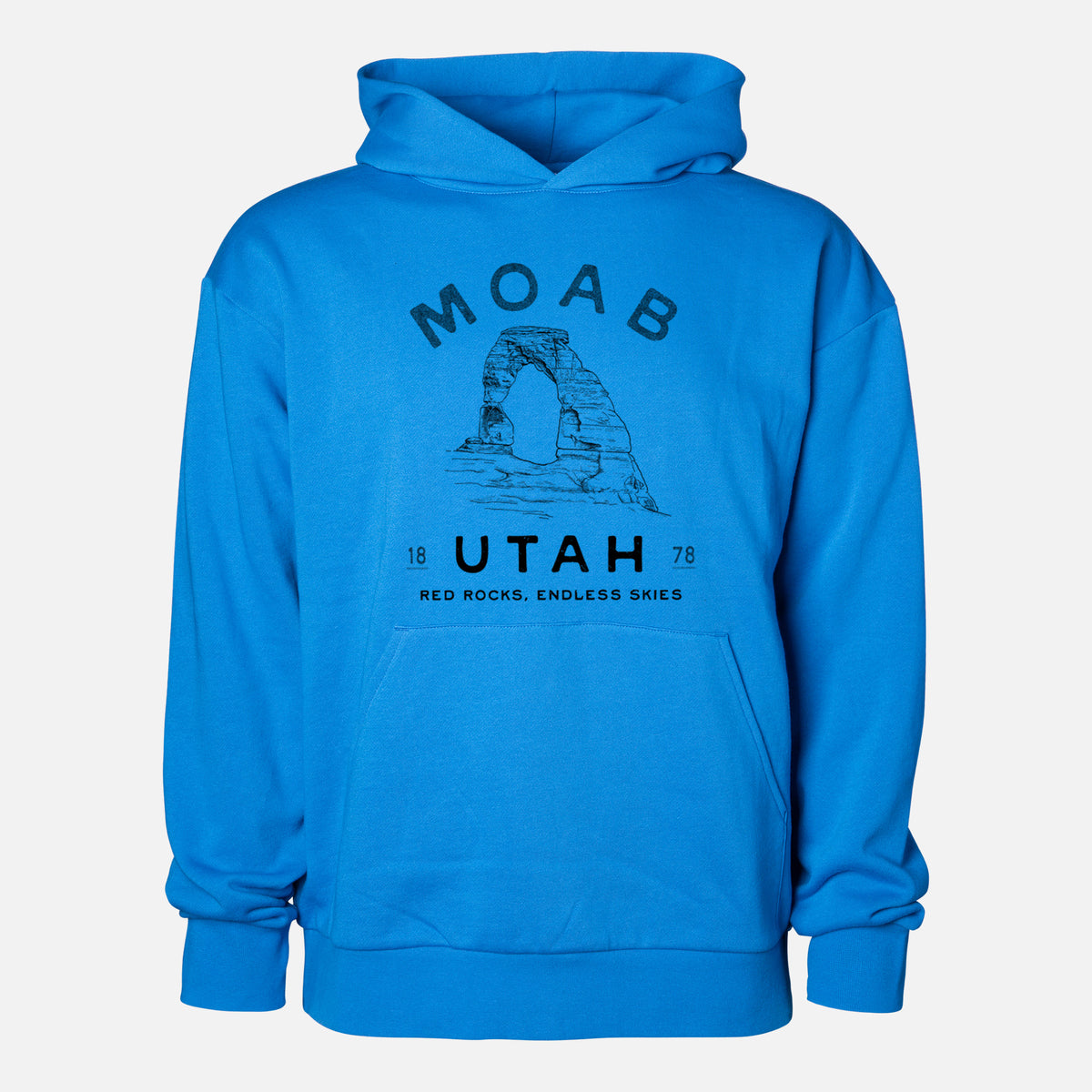 Moab Utah Delicate Arch - Statement Midweight Hoodie in Azure Blue, shown from the front with the design printed on the chest above a front kangaroo pocket.