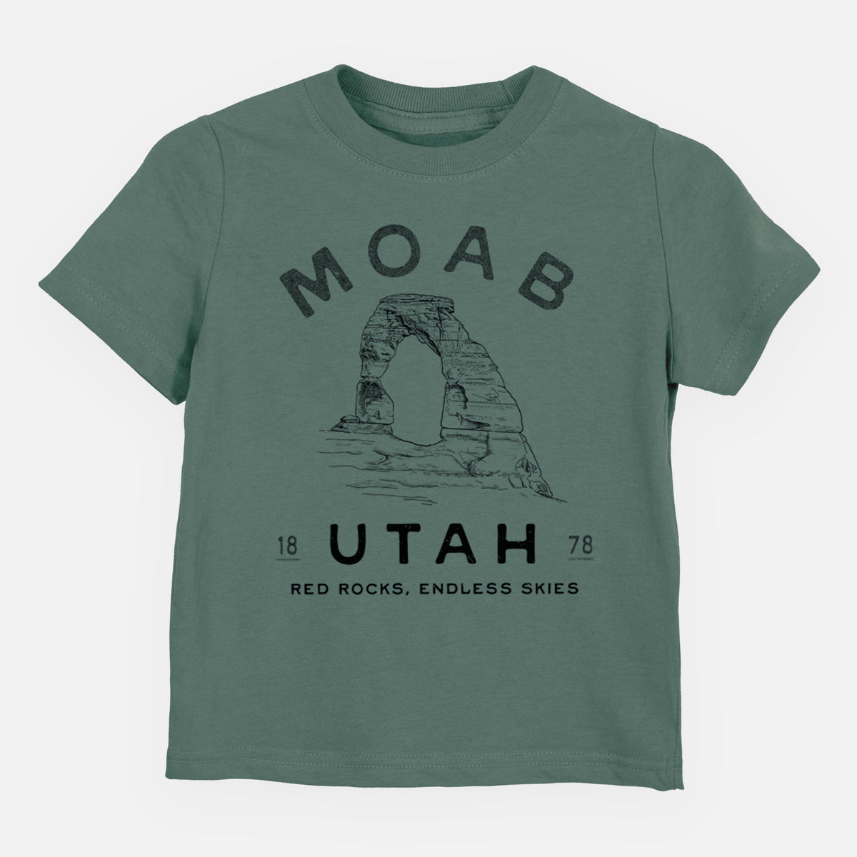 Basil green toddler t-shirt laid flat, printed with a black ink illustration of Delicate Arch with the words Moab Utah, 1878.
