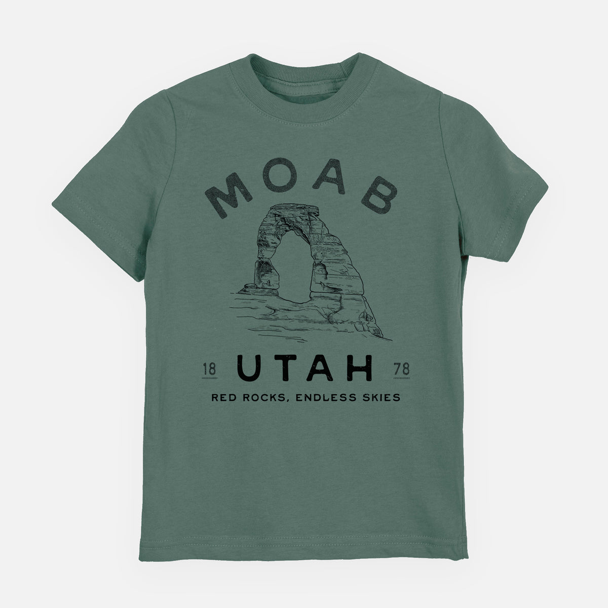 Basil green youth t-shirt laid flat, printed with a black ink illustration of Delicate Arch with the words Moab Utah, 1878.