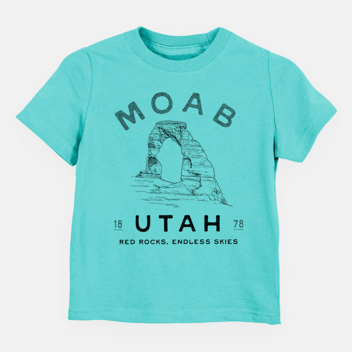 Caribbean blue toddler t-shirt laid flat, printed with a black ink illustration of Delicate Arch with the words Moab Utah, 1878.