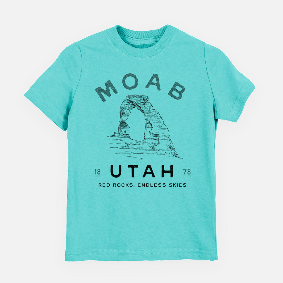 Caribbean blue youth t-shirt laid flat, printed with a black ink illustration of Delicate Arch with the words Moab Utah, 1878.