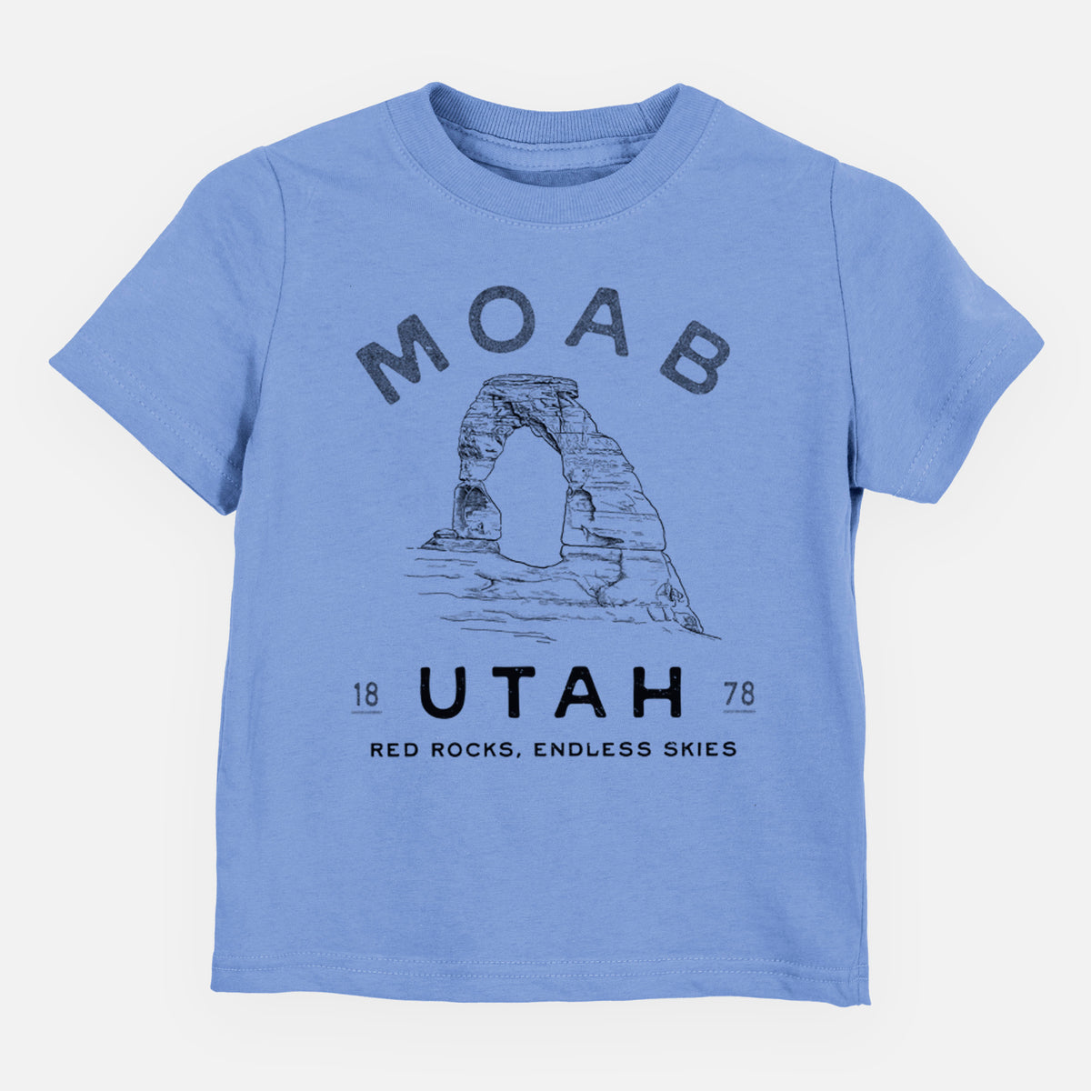 Carolina blue toddler t-shirt laid flat, printed with a black ink illustration of Delicate Arch with the words Moab Utah, 1878.