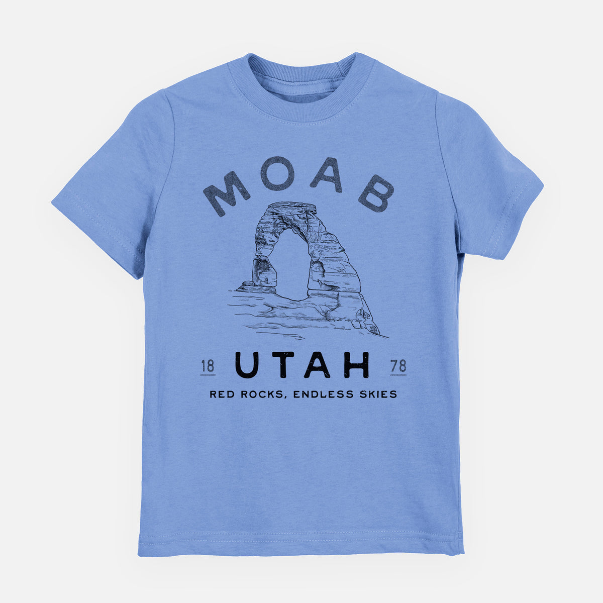 Carolina blue youth t-shirt laid flat, printed with a black ink illustration of Delicate Arch with the words Moab Utah, 1878.