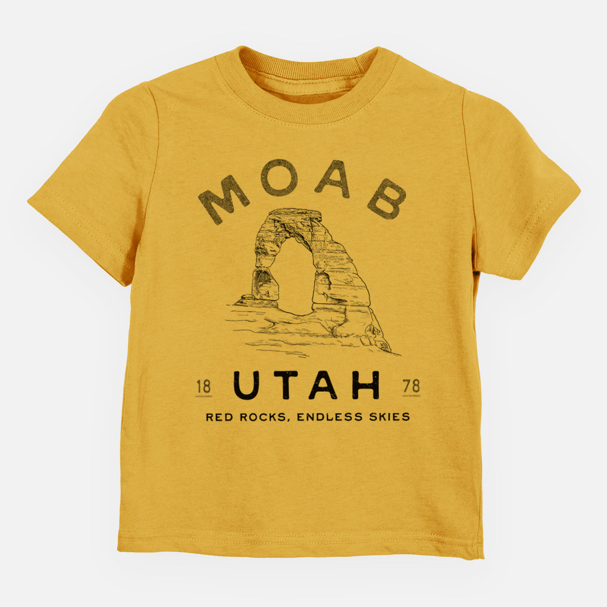 Honeycomb yellow toddler t-shirt laid flat, printed with a black ink illustration of Delicate Arch with the words Moab Utah, 1878.