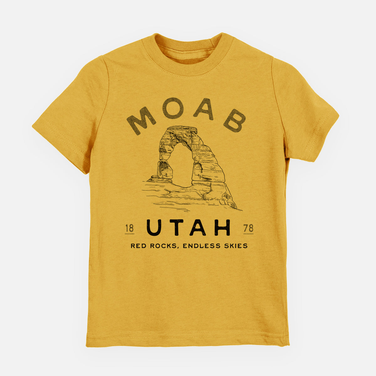 Honeycomb yellow youth t-shirt laid flat, printed with a black ink illustration of Delicate Arch with the words Moab Utah, 1878.