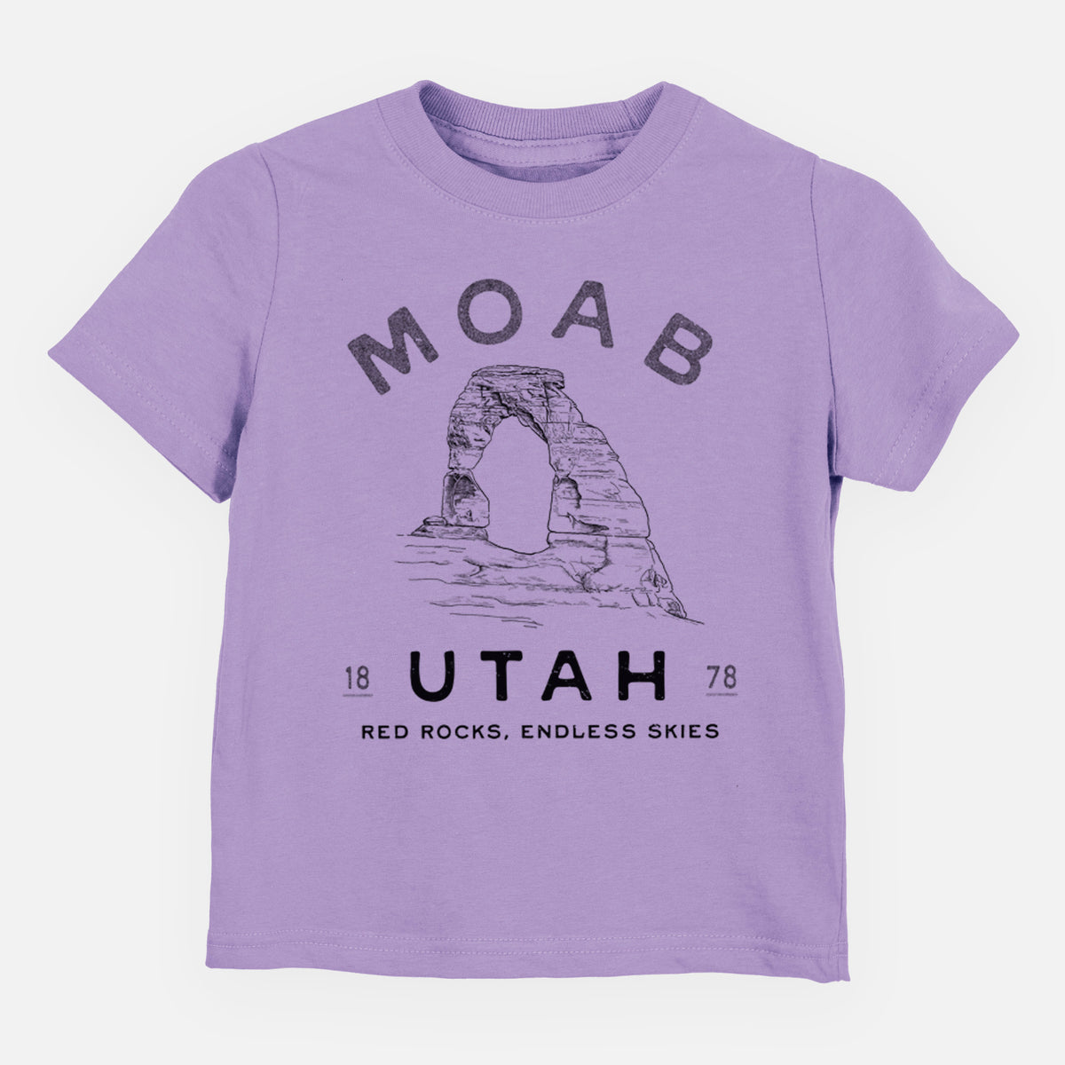 Lavender toddler t-shirt laid flat, printed with a black ink illustration of Delicate Arch with the words Moab Utah, 1878.