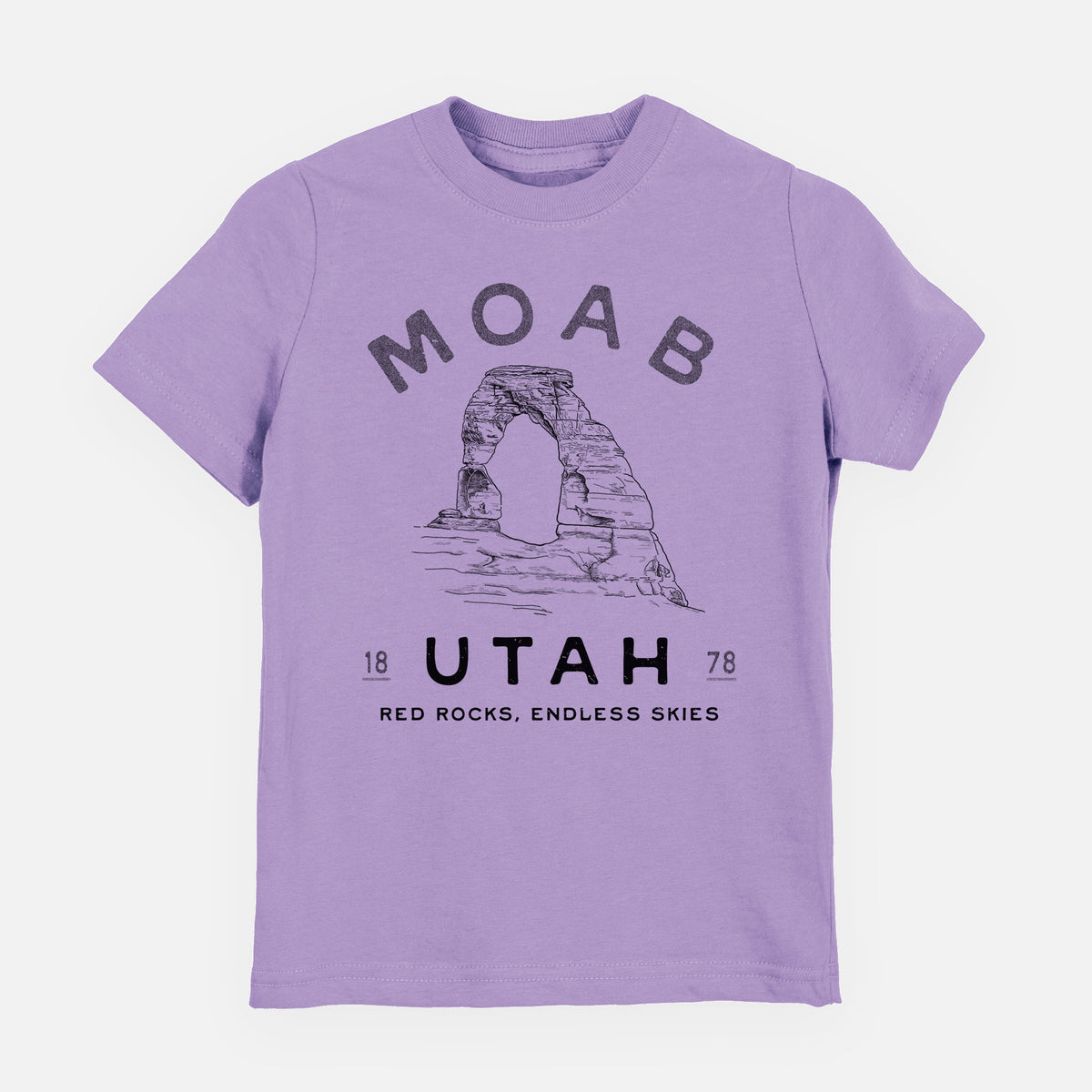 Lavender youth t-shirt laid flat, printed with a black ink illustration of Delicate Arch with the words Moab Utah, 1878.