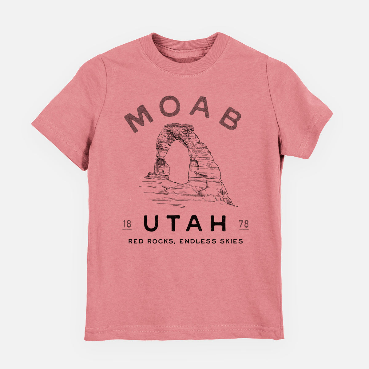 Mauve pink youth t-shirt laid flat, printed with a black ink illustration of Delicate Arch with the words Moab Utah, 1878.