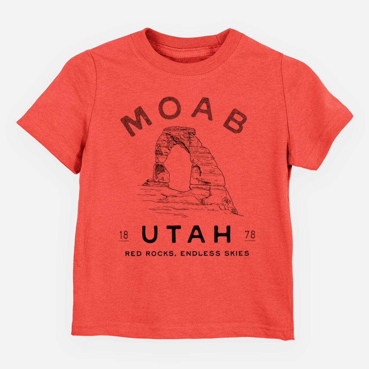 Passionfruit pink toddler t-shirt laid flat, printed with a black ink illustration of Delicate Arch with the words Moab Utah, 1878.