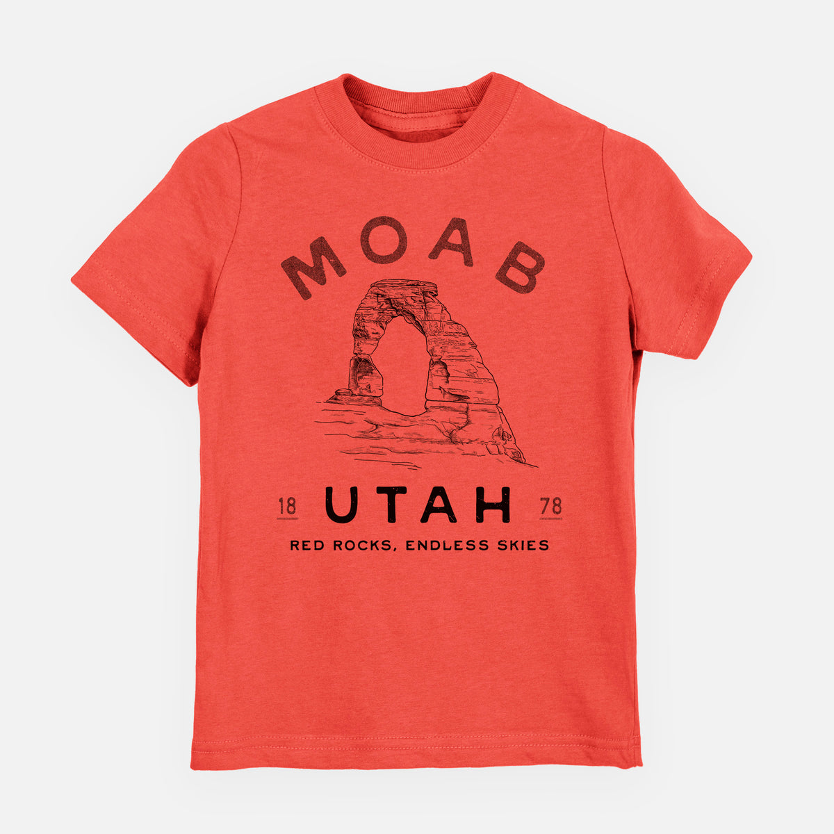 Passionfruit pink youth t-shirt laid flat, printed with a black ink illustration of Delicate Arch with the words Moab Utah, 1878.