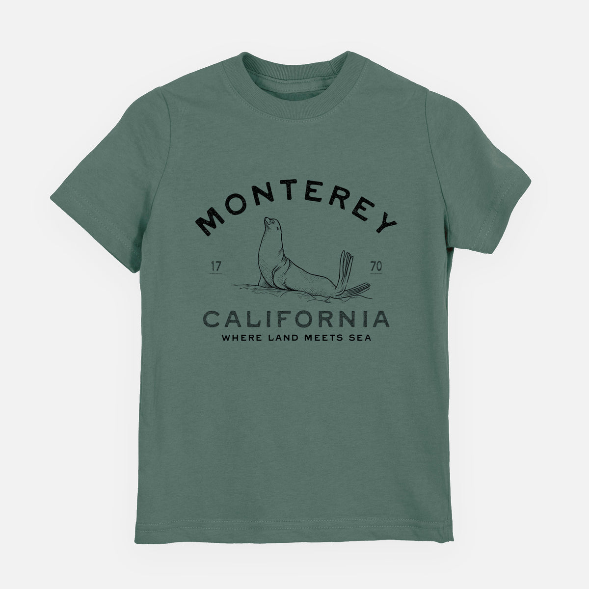 Basil green youth t-shirt laid flat, printed with a black ink sea lion with the words Monterey California, 1770, Where Land Meets Sea.