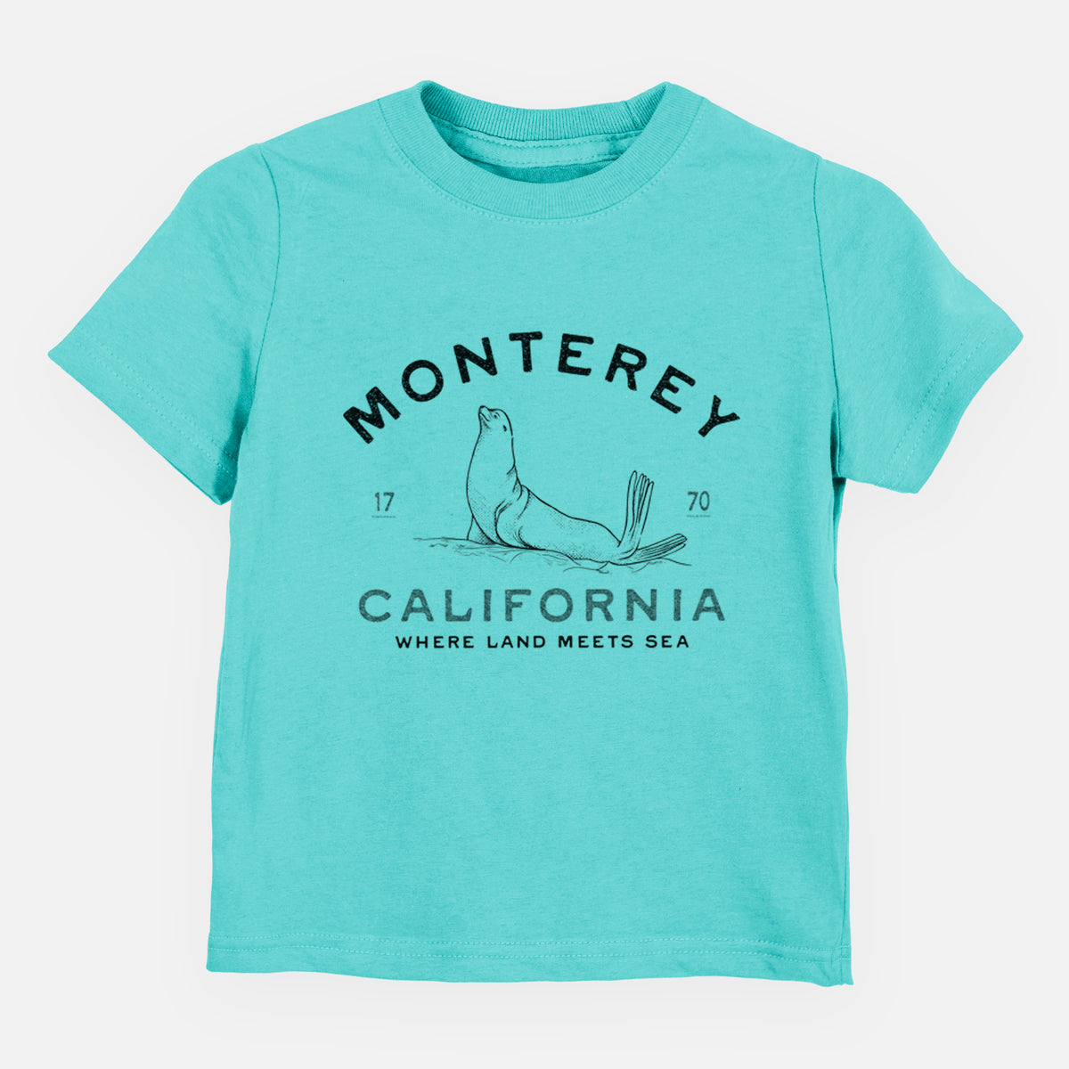 Caribbean blue toddler t-shirt laid flat, printed with a black ink sea lion with the words Monterey California, 1770, Where Land Meets Sea.