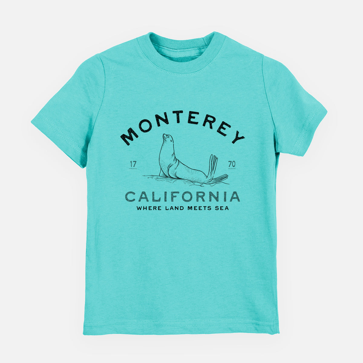 Caribbean blue youth t-shirt laid flat, printed with a black ink sea lion with the words Monterey California, 1770, Where Land Meets Sea.