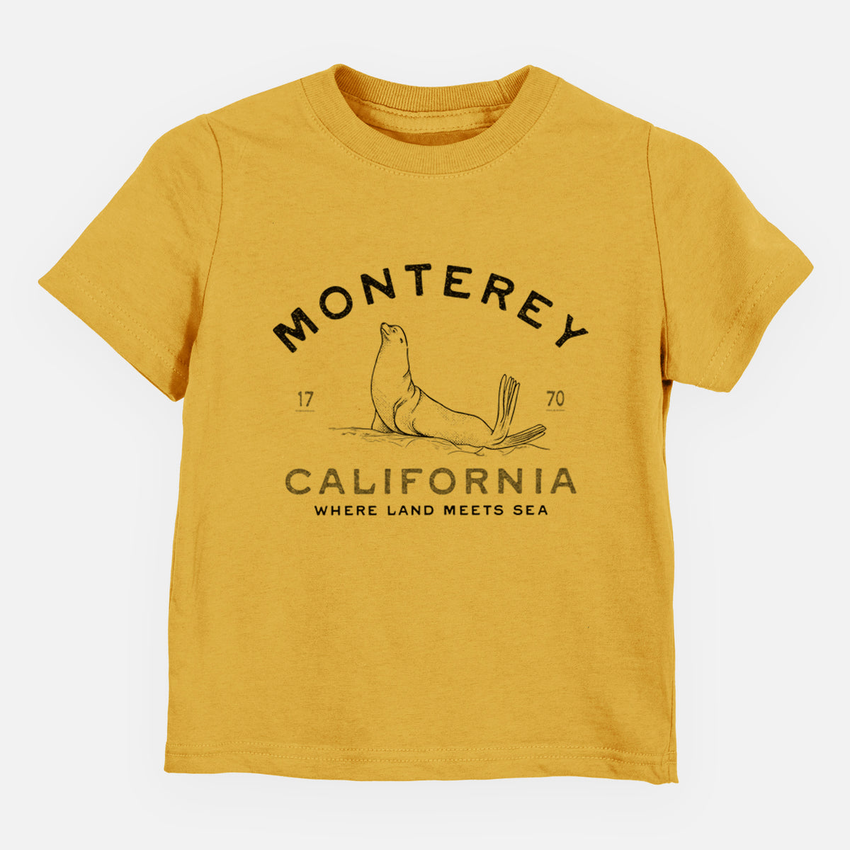 Honeycomb yellow toddler t-shirt laid flat, printed with a black ink sea lion with the words Monterey California, 1770, Where Land Meets Sea.
