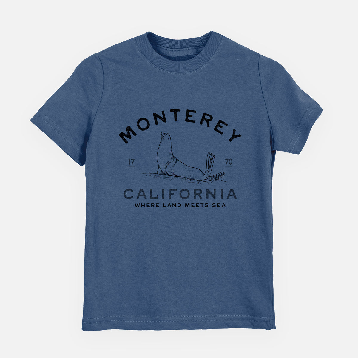 Indigo blue youth t-shirt laid flat, printed with a black ink sea lion with the words Monterey California, 1770, Where Land Meets Sea.