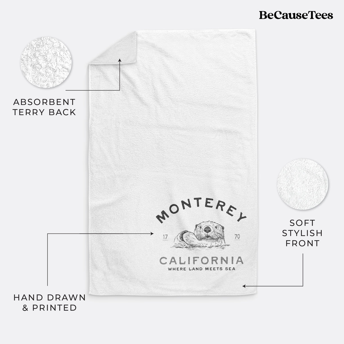 White hand towel printed with a black ink sea otter floating on its back, with the words Monterey California, 1770, Where Land Meets Sea.