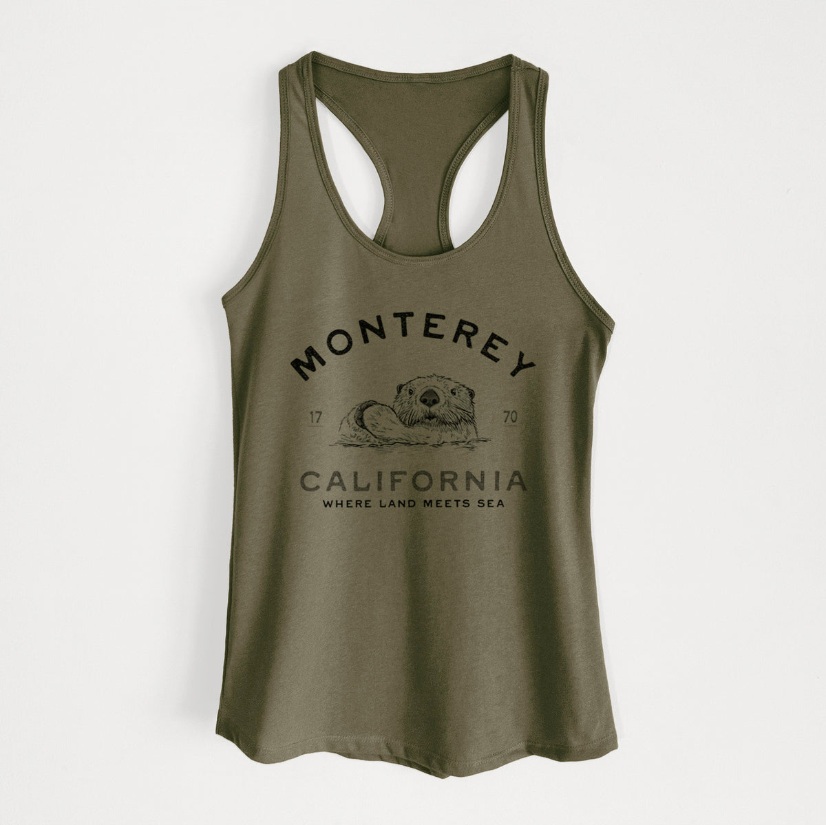 Military green women's racerback tank top laid flat, printed with a black ink sea otter floating on its back, with the words Monterey California, 1770, Where Land Meets Sea.
