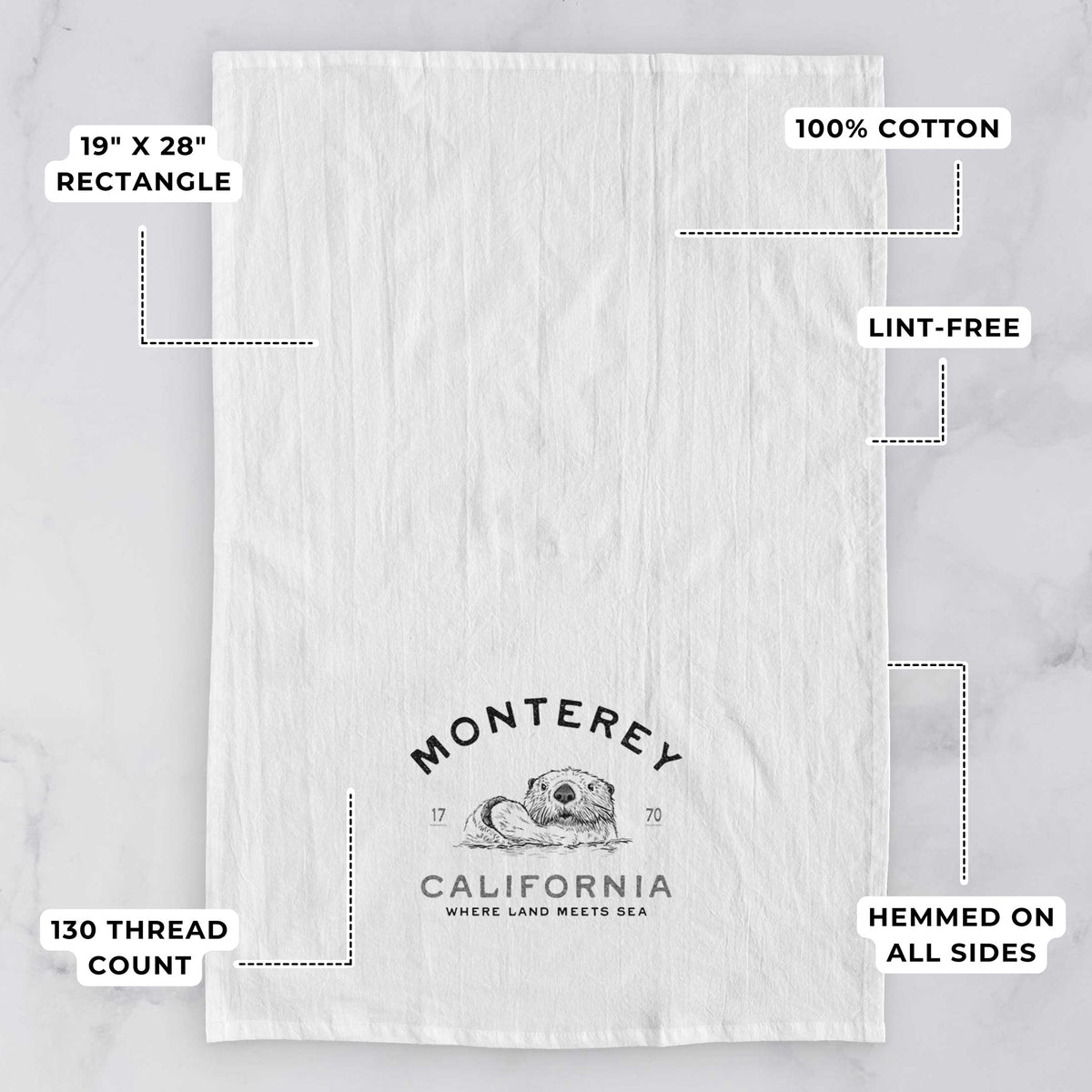 White tea towel printed with a black ink sea otter floating on its back, with the words Monterey California, 1770, Where Land Meets Sea, with feature labels: 19 by 28 inch rectangle, 100% cotton, lint-free, 130 thread count, hemmed on all sides.