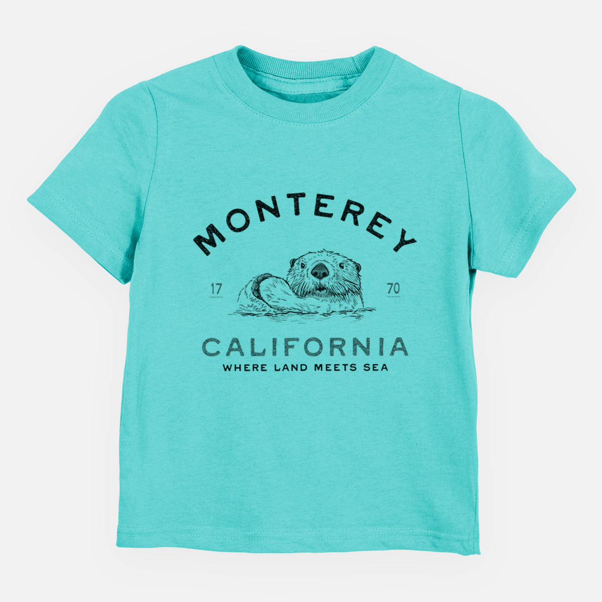 Caribbean blue toddler t-shirt laid flat, printed with a black ink sea otter floating on its back, with the words Monterey California, 1770, Where Land Meets Sea.